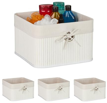 Relaxdays Aufbewahrungskorb 4er Set, Bambus, mit Stoffeinsatz, HBT: 20x31x31 cm, Körbchen mit Griffloch, Regalkorb, weiß