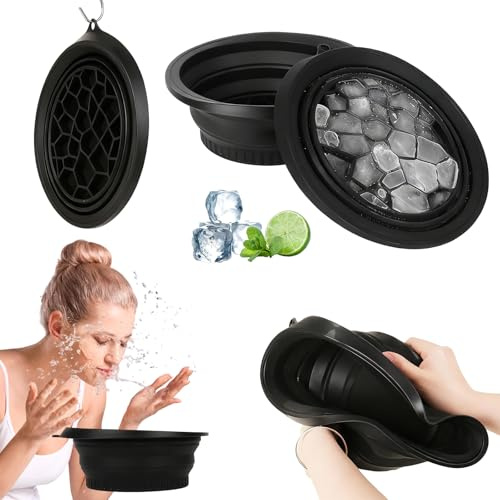 Feegela Cuenco de Baño de Hielo Facial,Cuenco Plegable de Silicona,Negro | Con Bandeja De Hielo Integrada, Quick Cooling Wash Basin Para Calmar La Piel, Reducir La HinchazóN