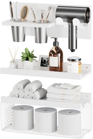 Puricon Duschablage mit Föhnhalter, 3-stufiges Set Duschregal zum hängen Badezimmer Organizer aus rustikalem Holz, platzsparende Badregal Duschkörbe über die Toilette Badezimmerablagen -Weiß
