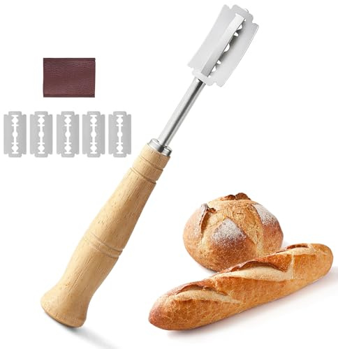 FAYAHAR Cuchillo Panadero, Cuchillo de Masa con 5 Cuchillas | Marcado Fácil del Pan, Mango Cómodo, con Cubierta Protectora, Cuchilla para Greñar Pan, para Greñar Pan y Baguettes
