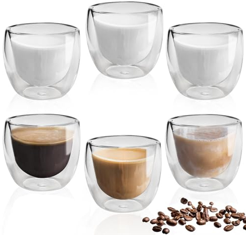 Dilireba 6 Piezas Tazas de Café de Cristal, Vasos Doble Pared Cristal 80Ml, Vasos de Doble pared Transparente, Tazas de Vidrio Borosilicato, Tazas de Cafe, Para Café Leche Té Latte Macchiato y Más
