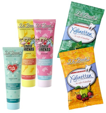 Dr. Bauer's Familien Zahnpflege-Set – Zahnpasta für Kinder & Erwachsene mit fruchtigen & minzigen Sorten, nachhaltige Mundpflege mit Xylit Pastillen & Family-Favorites im praktischen Bundle