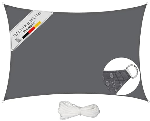 Sunula Sonnensegel Wasserdicht 2x3m Rechteckig – Keine Mittelnaht, hochdichtes PES 160g/m², reißfest & wetterfest, mit Lotus-Effekt & bis zu 95% UV-Schutz, für Balkon Terrasse Garten, Anthrazit