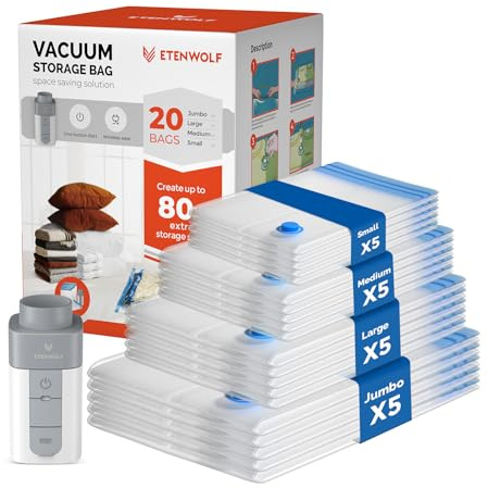 ETENWOLF 20 Pack Vacuum Storage Bags with Rechargeable Wireless Pump, Vacuum Seal Bags for Clothes and Travel, Space Saver Bags in Multiple Carry-On Sizes, Perfect for Luggage and Suitcases