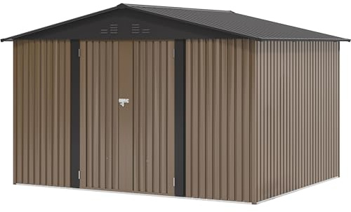 YITAHOME Stahl Gartengerätehaus 10x8FT Robustes Metall Gartenhaus, Wasserdichtes Gerätehaus & Fahrradschuppen mit Doppeltüren & 4 Lüftungen zur Aufbewahrung, 279x224.5x193.5cm,Braun-Schwarz