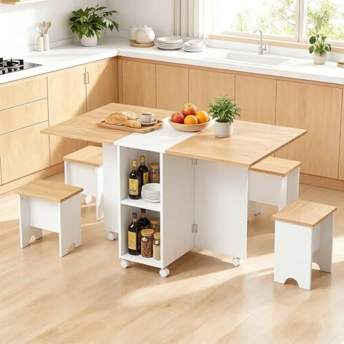 Warmiehomy 5 Piece Folding Dining Table and Chairs Set, Wooden Drop Leaf Dining Table with Storage Shelves & 6 Wheels and Kitchen Stools Set of 4 for Compact Apartment Home Living Room, Wood+White