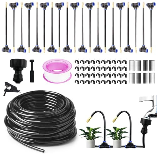 Sistema de riego de jardín de 20 m, manguera de riego automático de 360 °, kit de riego por niebla con 20 boquillas de pulverización ajustables, sistema de refrigeración por niebla al aire libre para