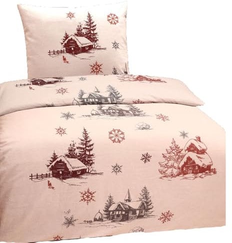 Hochwertige Biber Bettwäsche Baumwolle Winterlandschaft 135x200 80x80 Set 2tlg