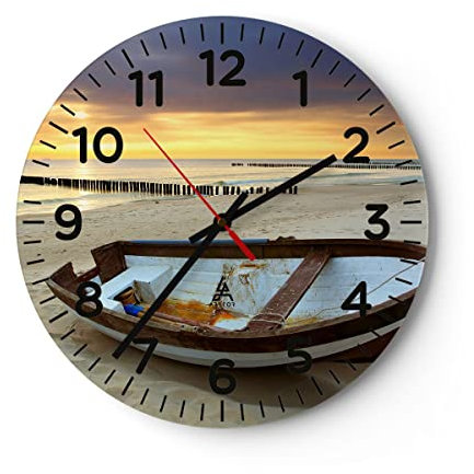 Modern Wanduhr Strand Boot Ostsee Sommer 30x30cm Rund Klein Wand Uhr Glas Analog Zimmeruhren Küche Büro Wohnzimmer Glasuhr Wall Clock Dekoration Design Wanddekoration Küchenuhr C4AR30x30-0515