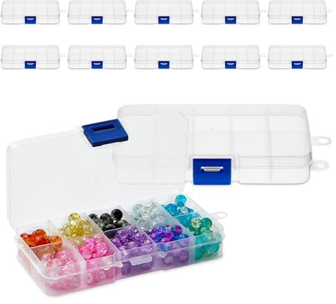 12 Pack Mini Clear Storage Containers with 10 Grid Dividers, Small Plastic Tackle Boxes for Beads, Buttons, DIY Jewellery (6.3 x 12.7 cm)