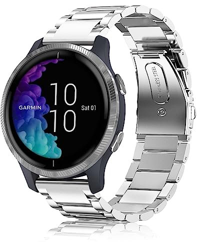 FINTIE Cinturino Compatible con Garmin Vivoactive 3/3 Music, Vivomove HR/3, Forerunner 245/645 Music Smartwatch, Ricambio in Acciaio inossidabile con Doppia Fibbia Pieghevole, Argentato