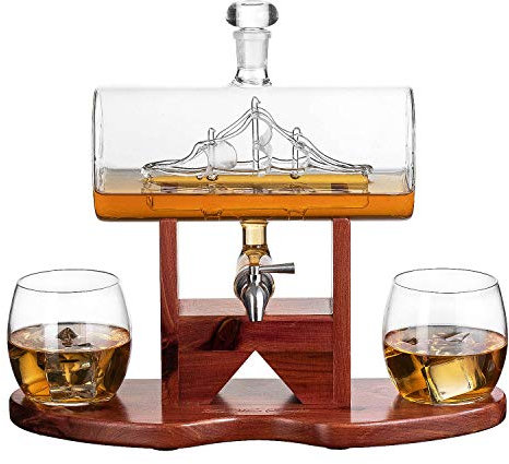 Wine & Whiskey Decanter Set, 1250ml Ship Whiskey & Wine Decanter with 2 Whiskey Glasses and Beautiful Stand Gift for Dad, Husband or Boyfriend - The Wine Savant Whiskey Decanter with 2 Whiskey Glasses