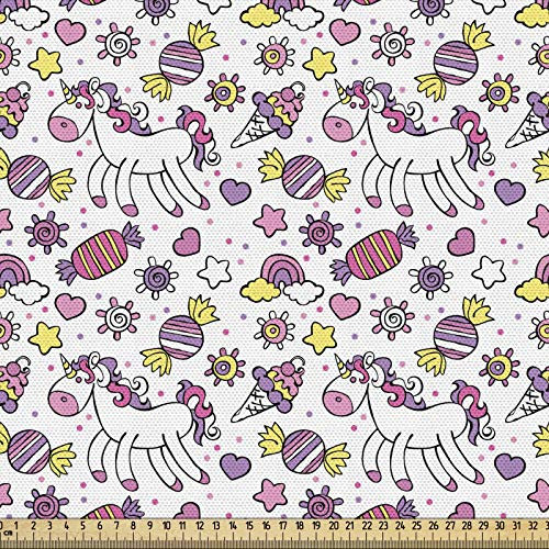 ABAKUHAUS Einhorn Gewebe als Meterware, Nette Einhorn-Süßigkeits-Sterne, Schön Gewebten Stoff für Polster und Wohnaccessoires, 1M (148x100cm), Gelb Lila Rosa