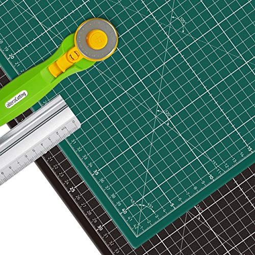 Schneidematte PROFI, A2 (45x60cm) beiseitig Grün-Schwarz und Rollschneider und 50cm Altera Aluminium-Schneidelineal mit Stahlkante