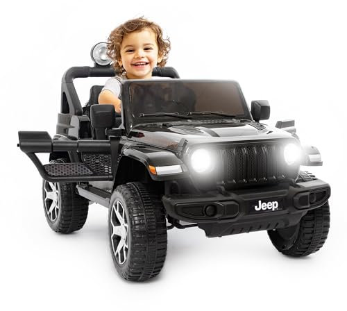 Babycar Jeep ® Wrangler Rubicon 2 Places 12 V avec siège en Cuir pour Enfants (Noir) Voiture Electrique Enfants 2 Places Portes ouvrables avec télécommande 2,4 GHz Soft Start Full Optional