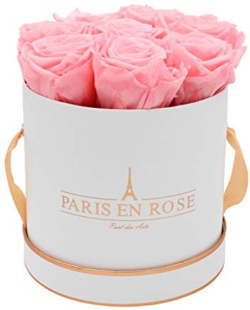 PARIS EN ROSE Rosenbox | mit 9 rosa Infinity Rosen Größe XL | konservierte ewige Rose | runde Weiß-Roségold Box | 3 Jahre haltbar | Grußkarte