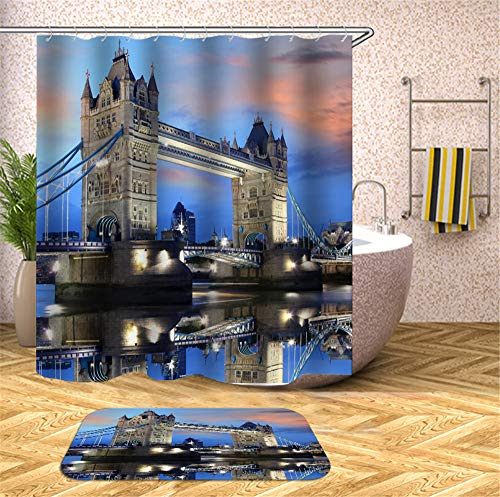 Chickwin Chickw1 Duschvorhang mit 12 Ringe, Polyestergewebe Wasserdicht Anti-Schimmel Maschinenwaschbar Duschvorhang Bad Vorhang für Badewanne Duschen Badezimmer Dekorative (180x200cm,London Bridge)