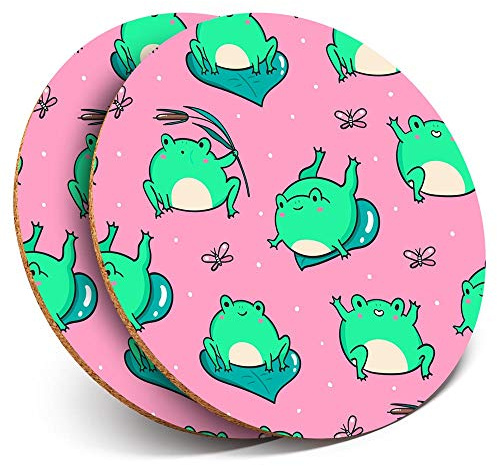 2 x Round Coasters - Green Kawaii Frog Pattern Pink Frogs - Cork Backed Home Kitchen Accessory Tea Coffee Mug Mat #45225