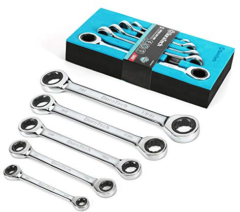 DURATECH Double Box End Ratcheting Wrench Set, SAE, 5-Piece, 5/16 to 7/8, CR-V Steel, with EVA Foam Tool Organizer