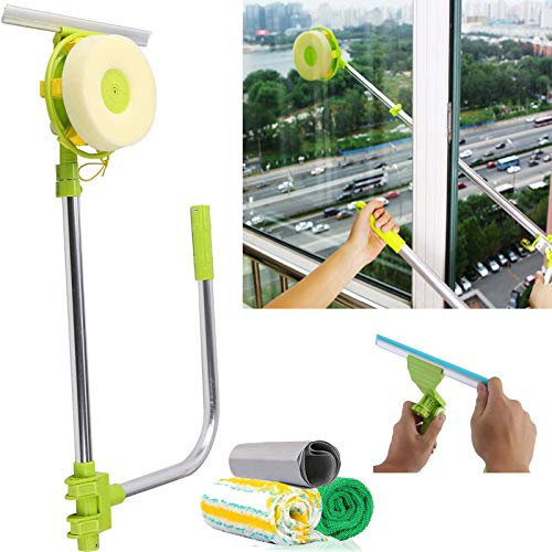 Telescopic Window Cleaning Washing Kit Equipment Extendable Pole Squeegee Washer Cleaner Long Reach Washer Tools Kit for Indoor/Outdoor, 2-in-1 Squeegee Sponge Safety High-Rise Cleaning Brush Set