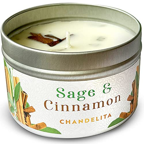 Chandelita Duftkerze Mit Ätherische Öle Naturrein aus Salbei Und Zimt für Meditation & Reinigung – Duftkerzen aus Sojawachs – Vegane Kerze – Aromatherapie Candle – Chakra Kerze