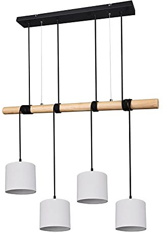Reality Leuchten Pendelleuchte Odin R30284032, Metall Schwarz matt, Stoffschirm Weiß, Holz, Stoffkabel Schwarz, exkl. 4x E27