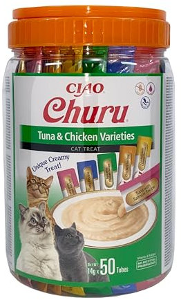 INABA Churu Puree Katzenleckerlis Creamy Snacks, Variety Box mit Thunfisch & Huhn 50 x 14 g, Katzensnacks in Premium Qualität