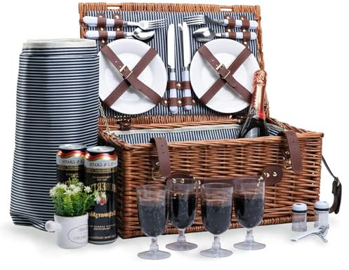 Panier Pique-Nique en Osier pour 4 Personnes avec Compartiment Isotherme, Couverture Pique-Nique Imperméable et Couverts, Rétro Classique Panier Picnic pour Camping, Les Fêtes en Plein Air