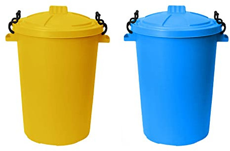 [Set of 2] Large 50 Litre Sky Blue and Yellow Heavy Duty Plastic Clip Lock Lid Bin Indoor or Outdoor Rubbish, Trash Can, Dustbin Waste or Storage of Animal Feed (Sky Blue, Yellow)