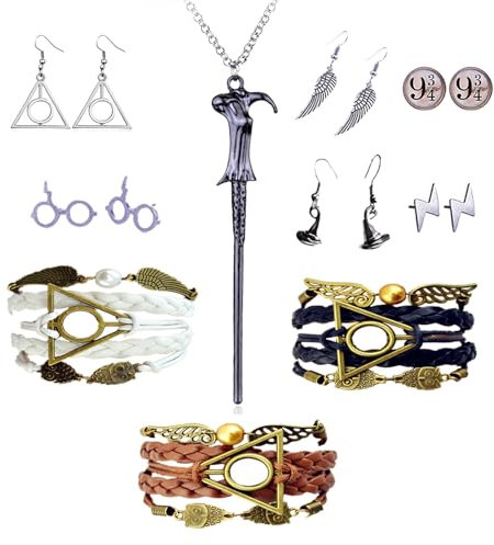 HJYZY 10 Stk Retro Triangle Wings Lightning Magic Hat Brille Ohrring Set Zauberstab-Anhänger-Halskette Heiligtümer des Todes und Eulen-Charm mit schwarzem Ledergeflecht und Seilarmband