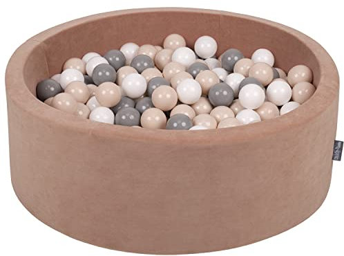 KiddyMoon Rund Bällebad Velvet Bällepool 90X30cm/200 Bälle ∅ 7Cm Ballgruben Für Babys Spielbad Kleinkinder, Hergestellt In Der EU, Wüstenrosa: Pastellbeige/Grau/Weiß