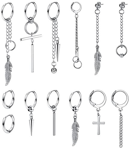 CASSIECA 13 Stück Ohrringe Creolen für Männer und Frauen aus Edelstahl, Kreuz, Feder, Ohrringe, Ohrhänger, Ohrhänger, Kpop-Kette, Ohrringe, Silber, Schwarz, Edelstahl, Edelstahl