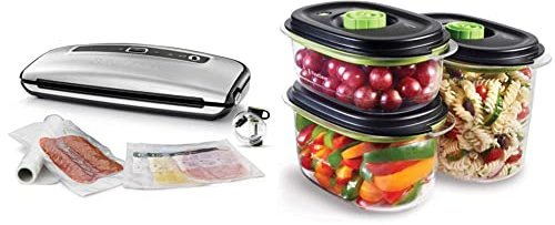FoodSaver FFS015X-01 Envasadoras al vacío con cánula, Acabado tipo inox + FoodSaver Recipiente para conservar y marinar al vacío, Hermético, Transparente/Negro