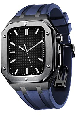 CZKE Case de Bande de Luxe pour Apple Watch 45mm 44mm, Hommes de Protection Robuste, Pare-Chocs en métal Anti Goutte avec Sangle pour Apple Watch 7/6/5/4 SE Groupe de Silicone