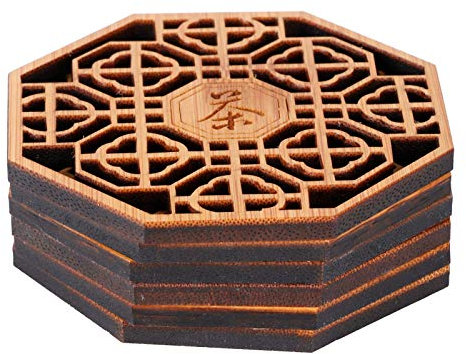 Dessous de thé, dessous de verre en bambou coussin isolant anti-brûlure sous-verre de bureau en bambou dessous de verre sculpté pour bureau à domicile(thé rime)