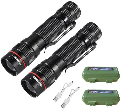 GUODSKHOO LED Taschenlampen Wiederaufladbar, Extrem Hell Taschenlampe, Kleine Handlampe Zoomerbare, Wasserdicht 3 Leuchtmodi Flashlight für Camping, Wandern, Outdoor, Notfall, Geschenk 2 Stück
