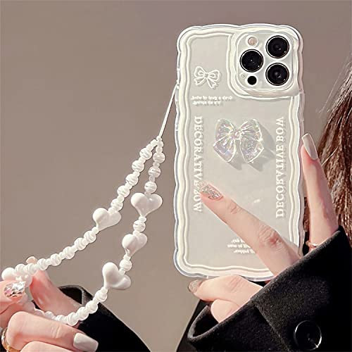 Emlivi Hülle für iPhone 13 mit Perlen Armband Blumen Mode Handyhülle Wellen Schutzhülle Süß Erdbeere Bumper Cover Weich Silikon TPU Case für iPhone 13, Bogenknoten