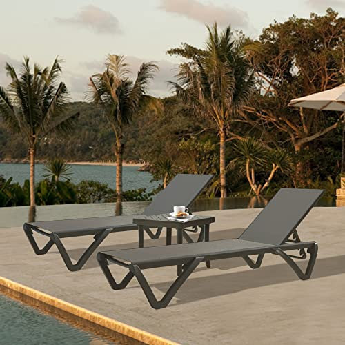 Domi Chaise longue de piscine, chaise longue de terrasse en aluminium avec table d'appoint, dossier réglable à 5 positions et roulettes, chaises de salon d'extérieur toutes saisons pour plage, cour,