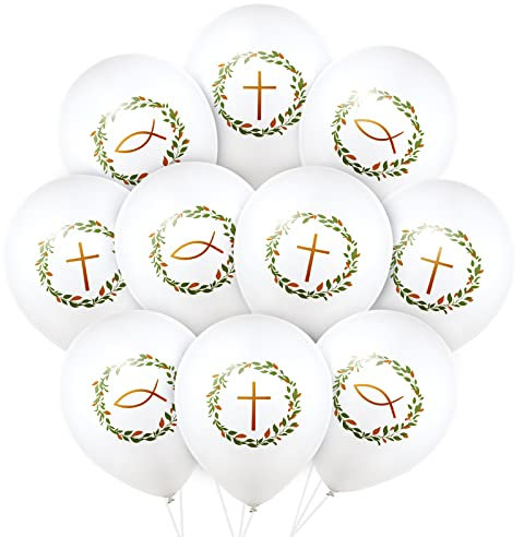 10 Stück Luftballons Taufe Kommunion Konfirmation Deko Kreuz Blätterkranz Fisch Ballons Weiß Grün Erstkommunion für Junge Mädchen mit Bänder