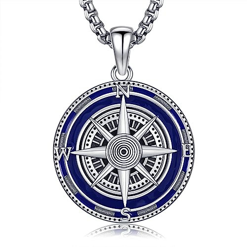 KINGWHYTE Kompass Anhänger für Männer 925 Sterling Silber Kompass Schmuck Graduierung Geschenk Halskette für Freunde, Geburtstag Jahrestag Schmuck Geschenke für Männer Ehemann Junge(Blau)