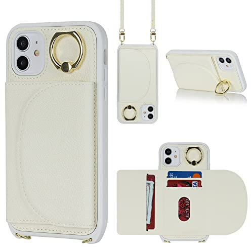 CAVOR Handyhülle Kompatibel Mit iPhone 11 Mit Band,Handykette Flip Leder Geldbörse Karten Hülle,[Mit 3 Kartenfach][Ringhalterung][Magnetisch],Umhängen Handyhülle Kompatibel Mit iPhone 11 - Weiß