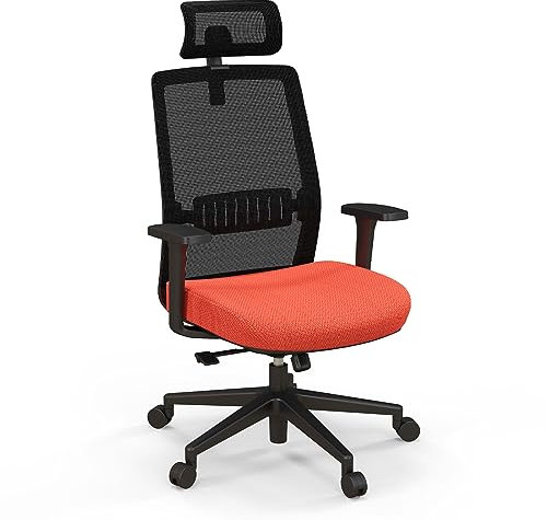COSTWAY Silla Oficina, Silla Ergonomica Escritorio con Reposacabezas 3D Abatible y Soporte Lumbar, Silla Escritorio con Altura Ajustable, Silla Giratoria Negra y Naranja
