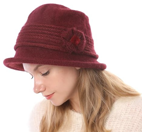 Huakunda Damen Strickmützen Gefüttert Winterhut Warm Vintage Floral Knit Beaniemütze Elegant Frauen Bucket Hüte für 55-60 cm (Weinrot)