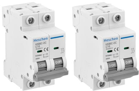 Heschen Lot de 2 disjoncteurs miniatures DC HSB6C-DC, 2 pôles, DC500V 16A, Disjoncteur de puissance photovoltaïque, pour système photovoltaïque solaire, panneaux solaires, système de treillis (16A)