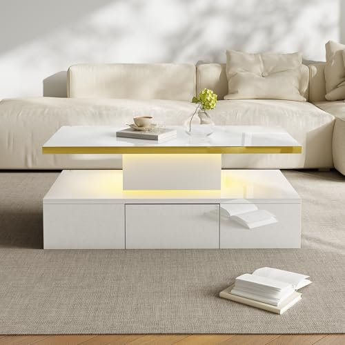 BTM Table Basse Blanc, LED Via App, Tiroirs et 2 Etagères, Laque Haute Luminosité, pour Salon et Chambre, 100X50X38.5cm