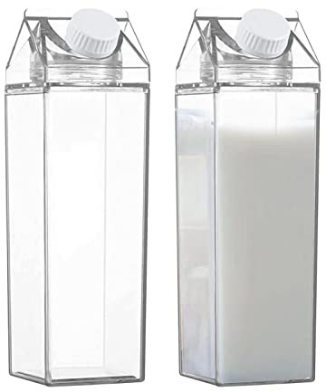 500ml/1L Bouteille en Lait Transparent | 2 Pièces Bouteille d'eau Plastique Reutilisable | Portatif Récipient Bouteille Carrée À Couvercle Scellé pour Jus, Lait, Eau