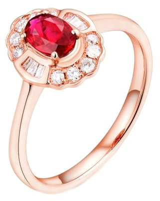 Ringe Frauen Modeschmuck, Ring 18K Gold Roségold Blume Lab Rubin 0.5CT Taubenblutrot Ovalschliff VVS mit Diamant 0.35CT Weiß Größe 49 (15.6) Npassbar