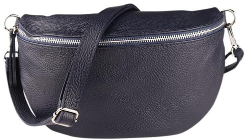 MIRROSI® Bauchtasche Damen, Made in Italy, Echtleder Umhängetasche Echtes Leder, Brusttasche, Crossbody Bag aus Echtem Leder, in 3 Größen erhältlich (Navy Silberner Reißverschluss) (Gr.L)