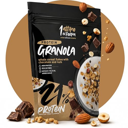 1 ATTIMO IN FORMA - Granola Proteica 21% con Noci e Cioccolato, 1 Confezione da 300g, Granola Senza Zucchero Aggiunto Cereali Integrali Colazione Proteica Fiocchi di Avena Integrale Ricca di Fibre.