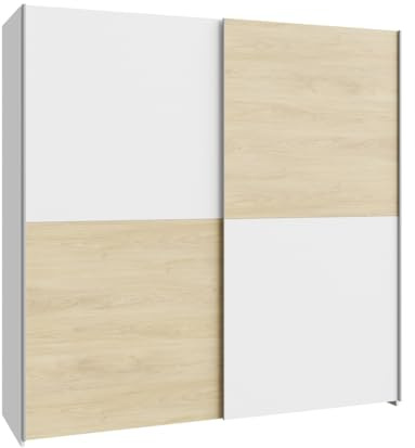 Forte Schach & MATT Kleiderschrank 190, Schrank im Schachbrettmuster mit 2 Schwebetüren, Holzwerkstoff, Weiß, Puccini Eiche Dekor, 190,1 cm breit, 190,5 cm hoch, 61,2 cm tief